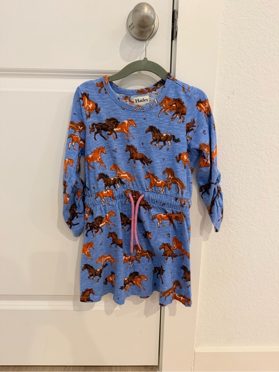 Hatley Other - Hatley Light Blue Horse-Print Dress with Pink Drawstring